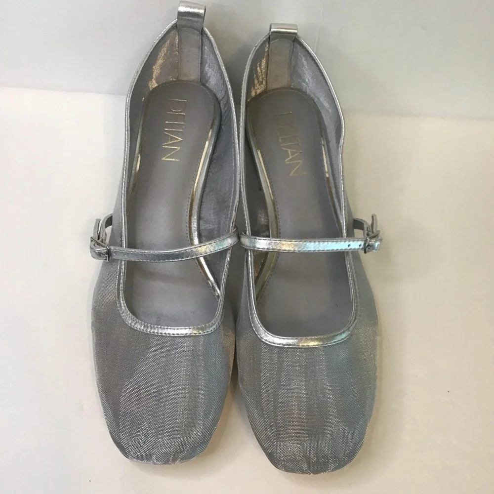 DELTAN Women's Shimmering Silver Mesh Maven Mesh Mary Jane Dress Flats 9.5 NEW